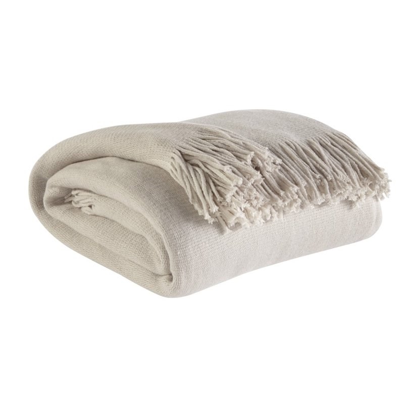 Bowery Hill Stripe Acrylic Fabric Throw Blanket in Ivory and Taupe