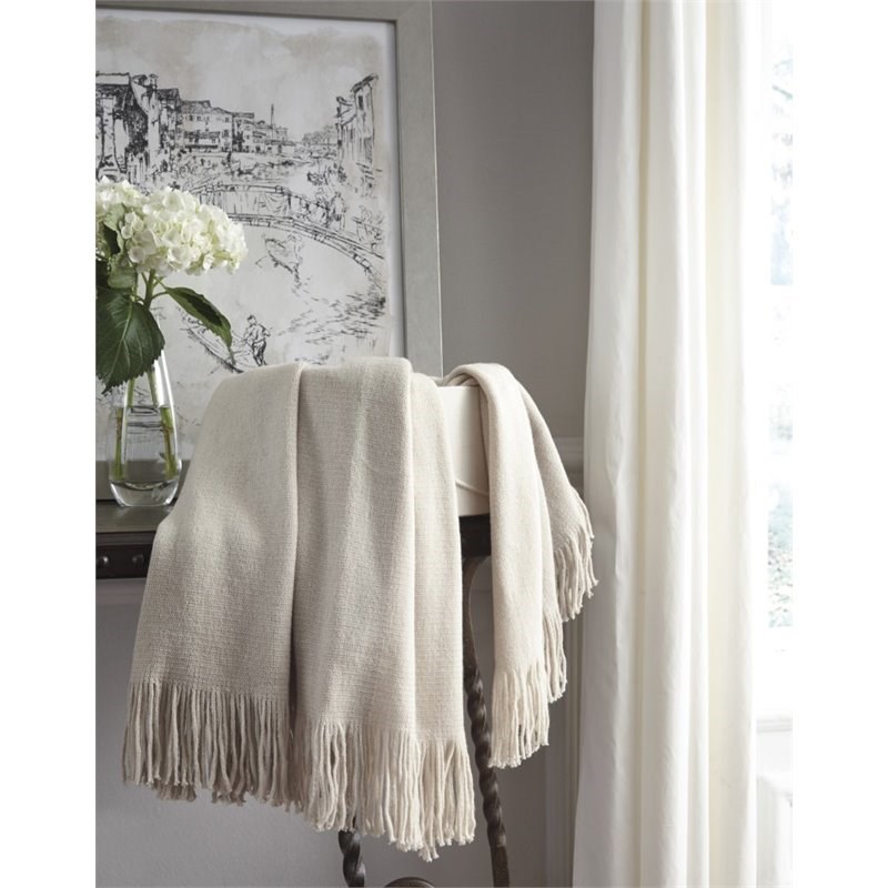 Bowery Hill Stripe Acrylic Fabric Throw Blanket in Ivory and Taupe
