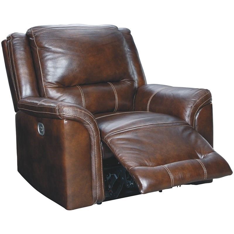 Bowery Hill Leather Power Recliner with Adjustable Headrest in Mahogany