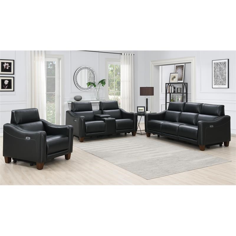 Bowery Hill Transitional Power Console Leather Loveseat in Black