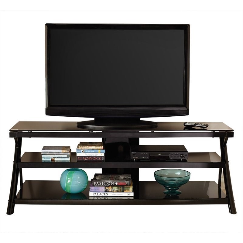 Bowery Hill Modern TV Console with metal legs and smoked glass shelves in Black