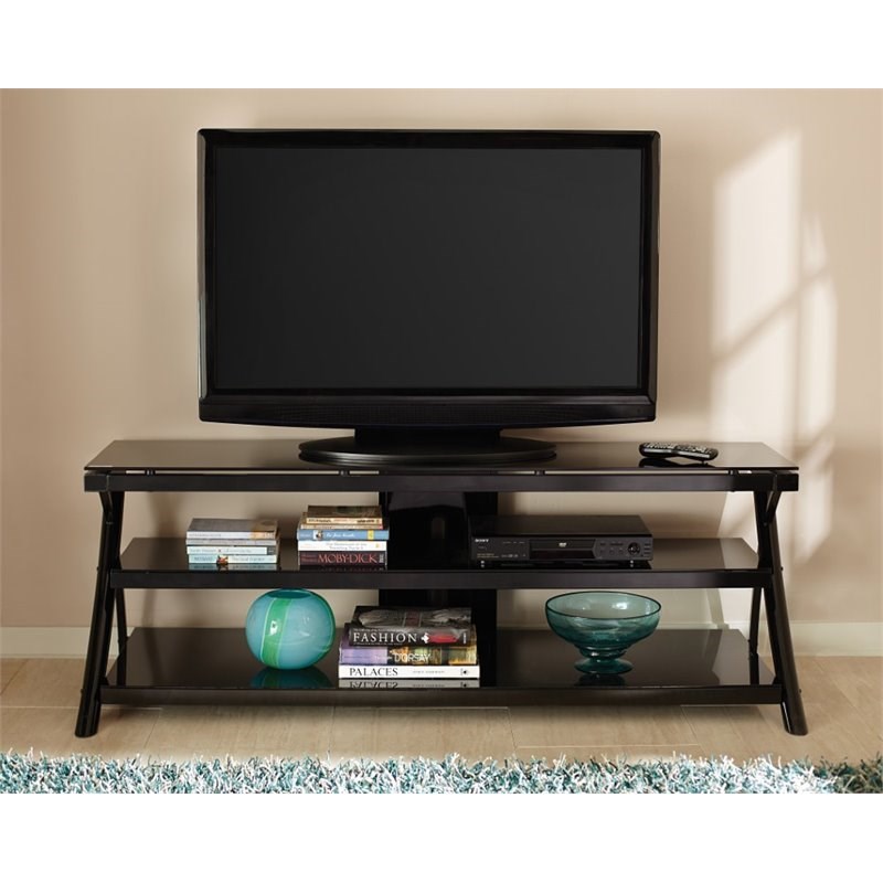 Bowery Hill Modern TV Console with metal legs and smoked glass shelves in Black
