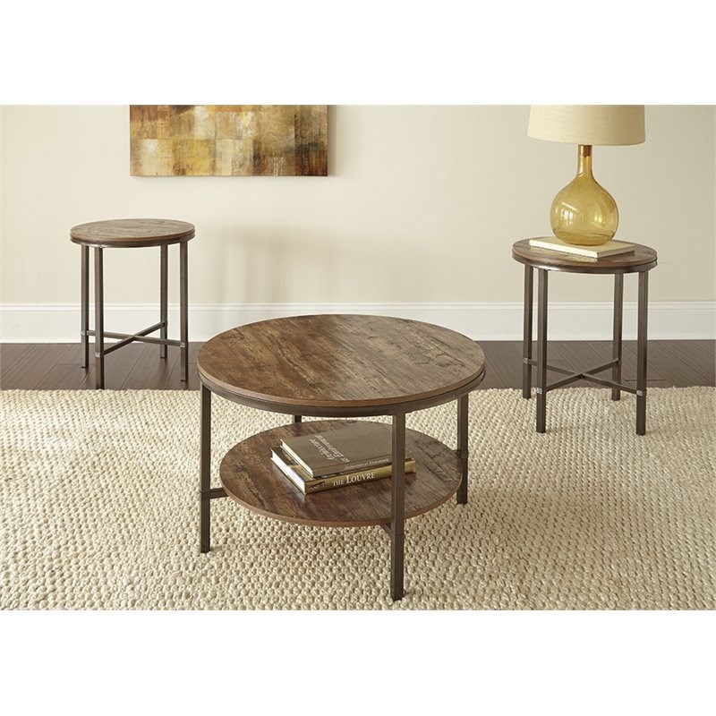Bowery Hill Transitional 3-Piece Round Wood and Metal Coffee Table Set in Brown