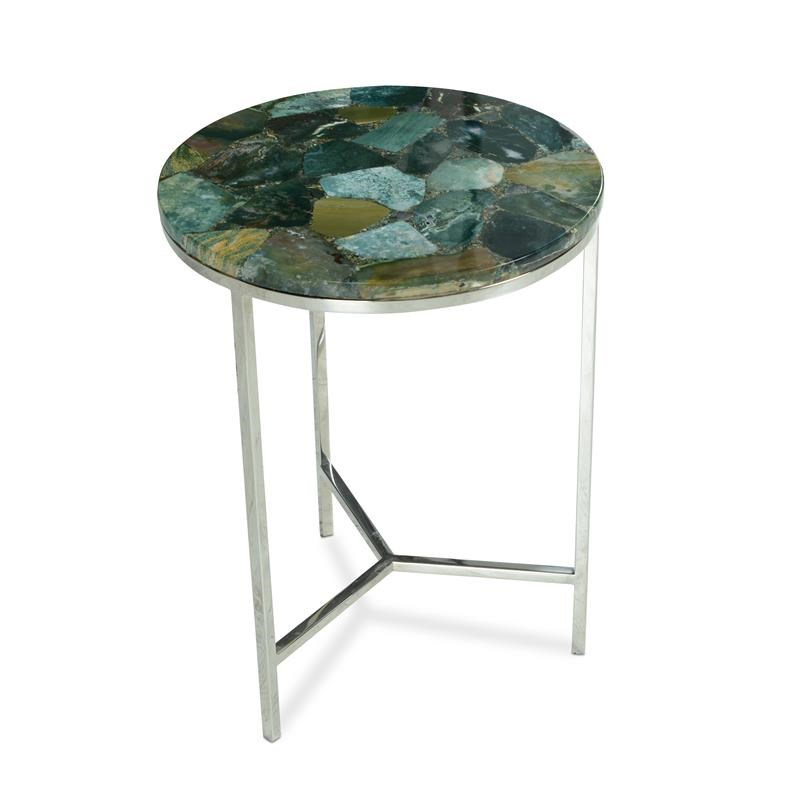 Bowery Hill Foster Round Agate Top and Nickel Base Chairside Table in Green