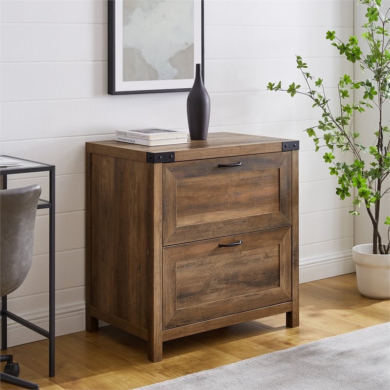 Bowery Hill Farmhouse 2-Drawer Filing Cabinet with Metal Accents in Rustic Oak