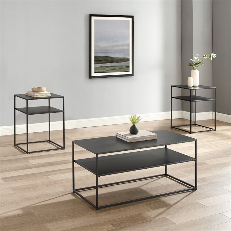 Bowery Hill 3 Piece Modern Coffee Table Set in Matte Black Finish