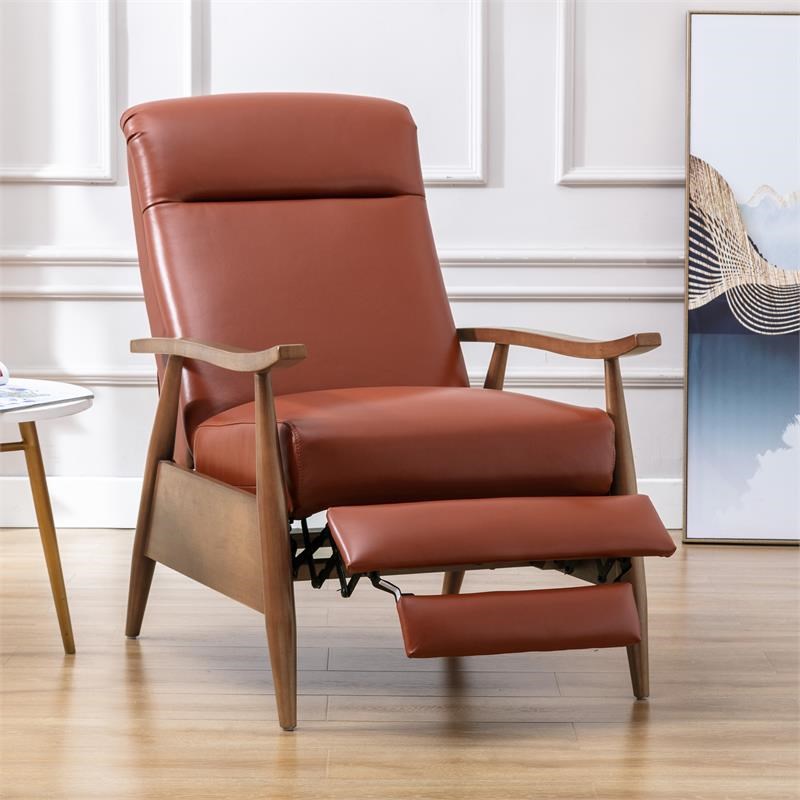 Bowery Hill Leather Wooden Arm Push Back Recliner in Caramel