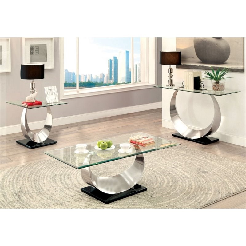 Bowery Hill Contemporary Metal 3-Piece Coffee Table Set in Silver