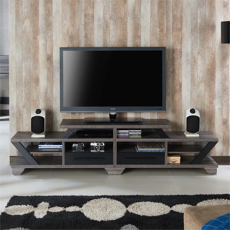 Bowery Hill Rustic Wood 82-Inch TV Stand in Distressed Gray Finish