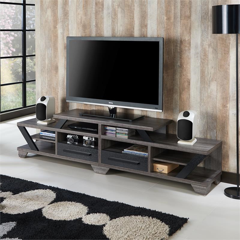 Bowery Hill Rustic Wood 82-Inch TV Stand in Distressed Gray Finish