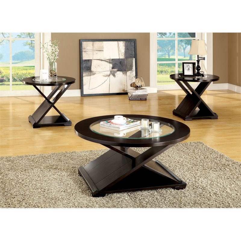 Bowery Hill Contemporary 3-Piece Glass Coffee Table Set in Espresso