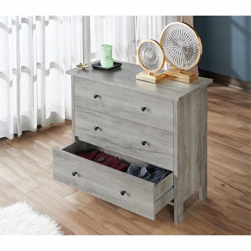 Bowery Hill Transitional Wood 3-Drawer Chest in Gray Oak Finish