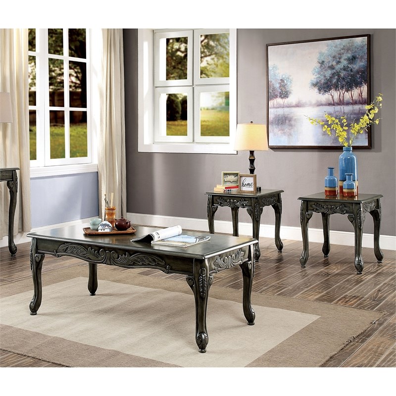 Bowery Hill Traditional Wood 3-Piece Coffee Table Set in Gray