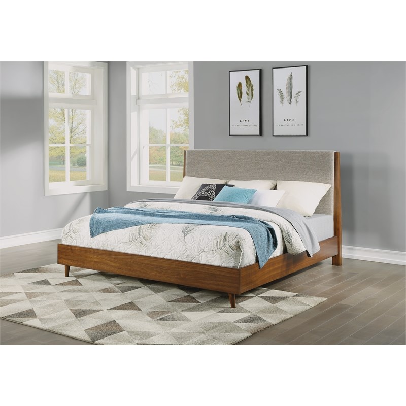 Bowery Hill Mid-Century Wooden Upholstered King Bed in Brown Finish