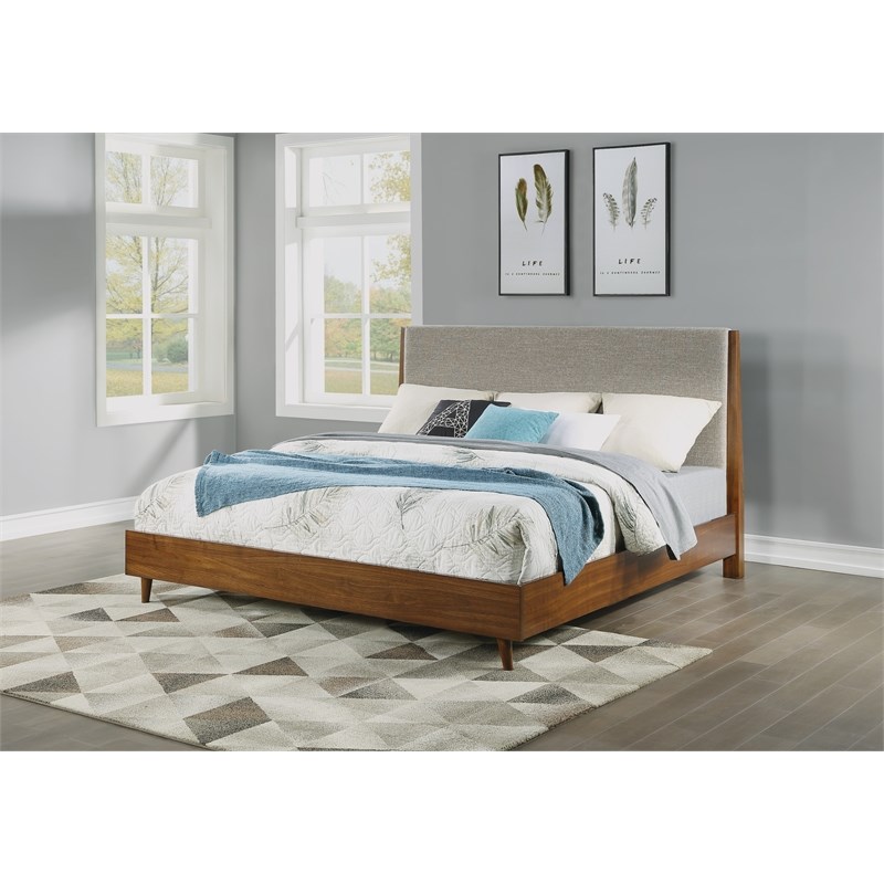 Bowery Hill Mid-Century Upholstered Wooden Brown Finish Queen Bed