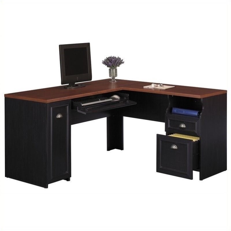 Pemberly Row L-Shaped Wood Computer Desk in Black