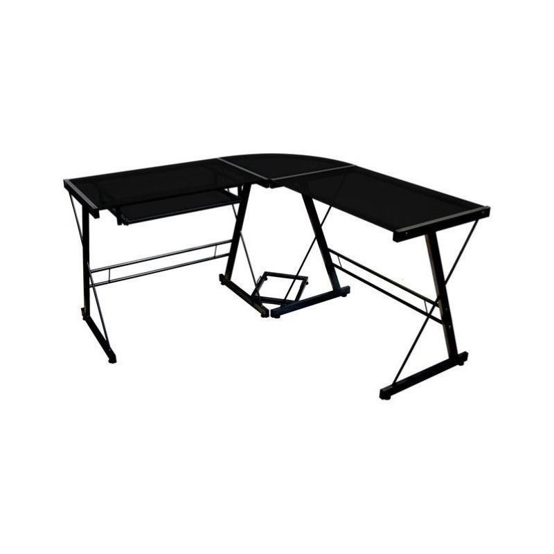 Pemberly Row Corner L Shaped Glass Top Computer Desk in Black