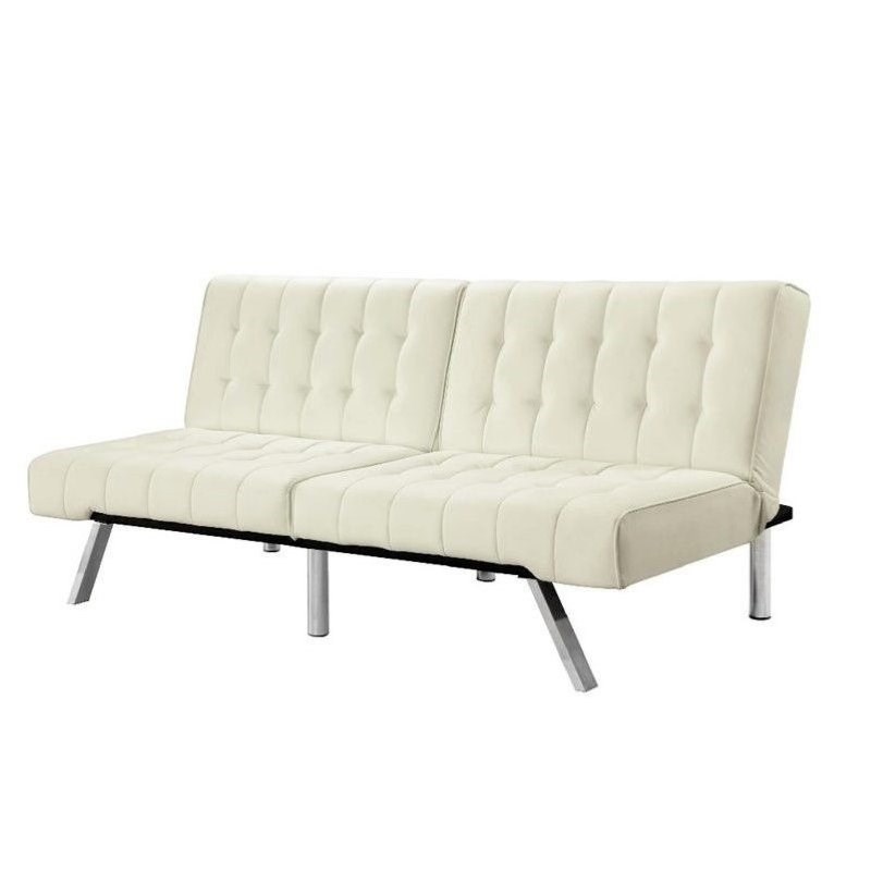 Pemberly Row Faux Leather Convertible Sofa in Vanilla