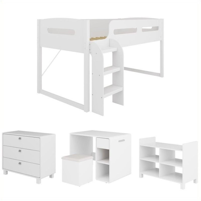 Pemberly Row 5-Piece All-in-One Single Twin Loft Bed in Snow White