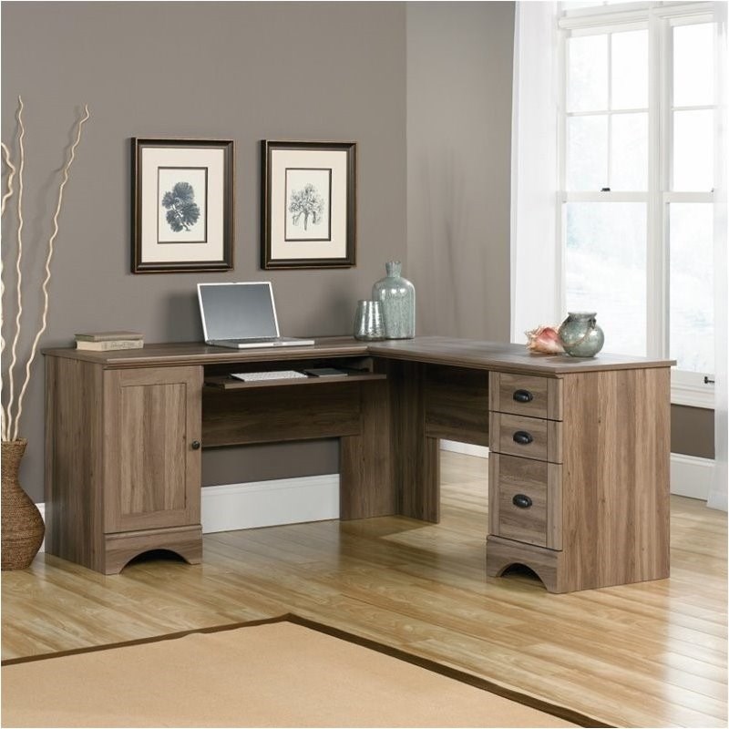 Pemberly Row Contemporary Wood L Shaped Computer Desk in Salt Oak
