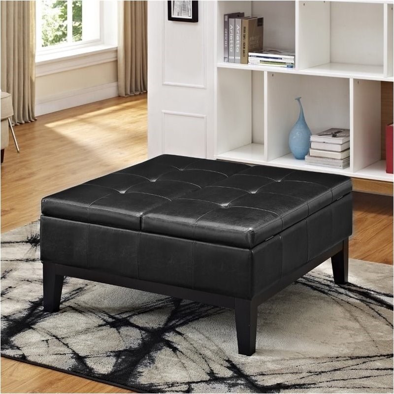 Pemberly Row Faux Leather Coffee Table, Coffee Table Storage Ottoman Black