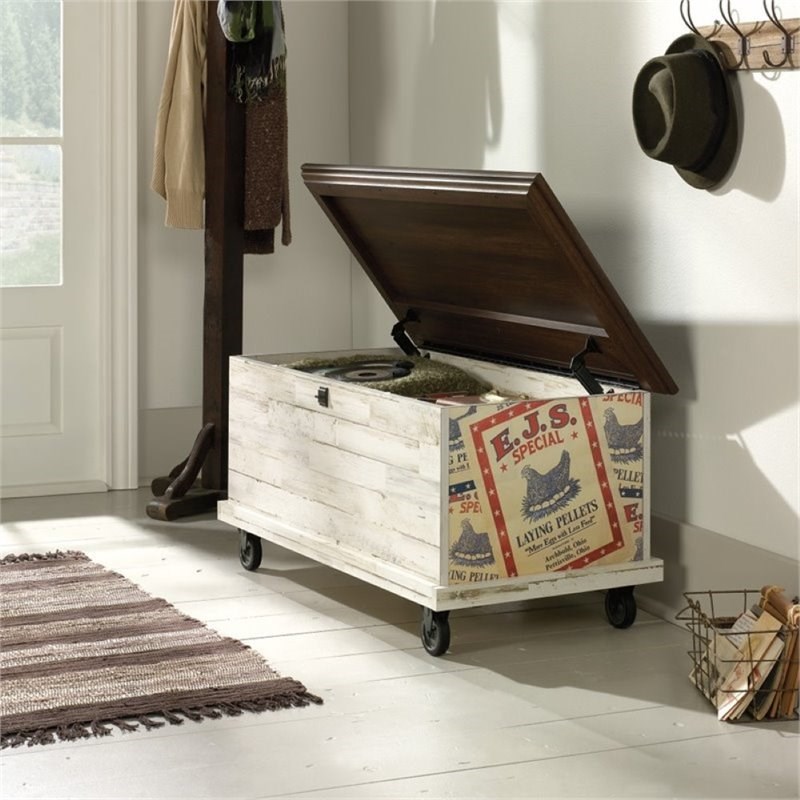 Pemberly Row Rolling Wood Trunk Coffee Table in White Plank Homesquare