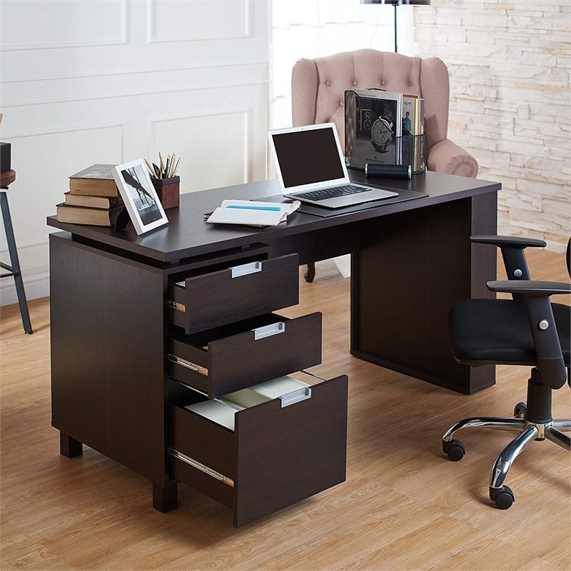 Pemberly Row Home Office Writing Desk with Built in Filing Cabinet in Espresso
