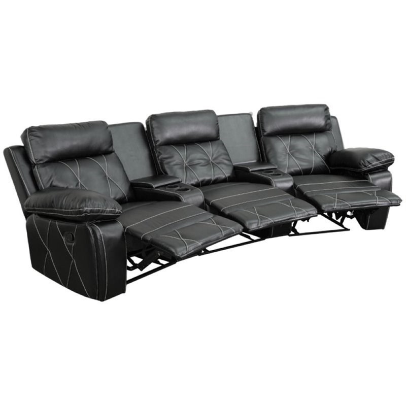 Pemberly Row 3 Seat Leather Reclining Home Theater Seating in Black