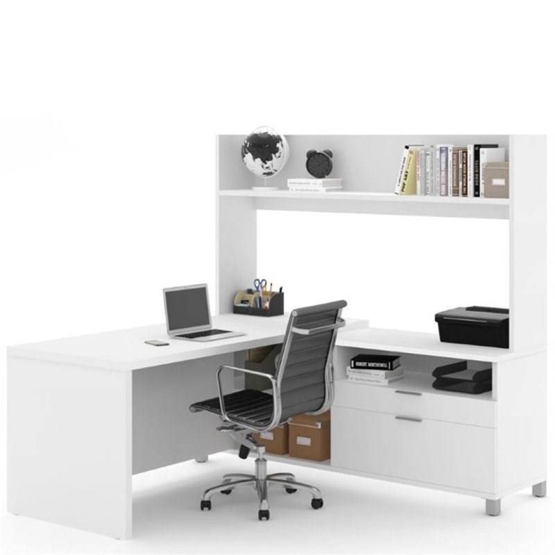 Pemberly Row L Shaped Computer Desk with Hutch in White