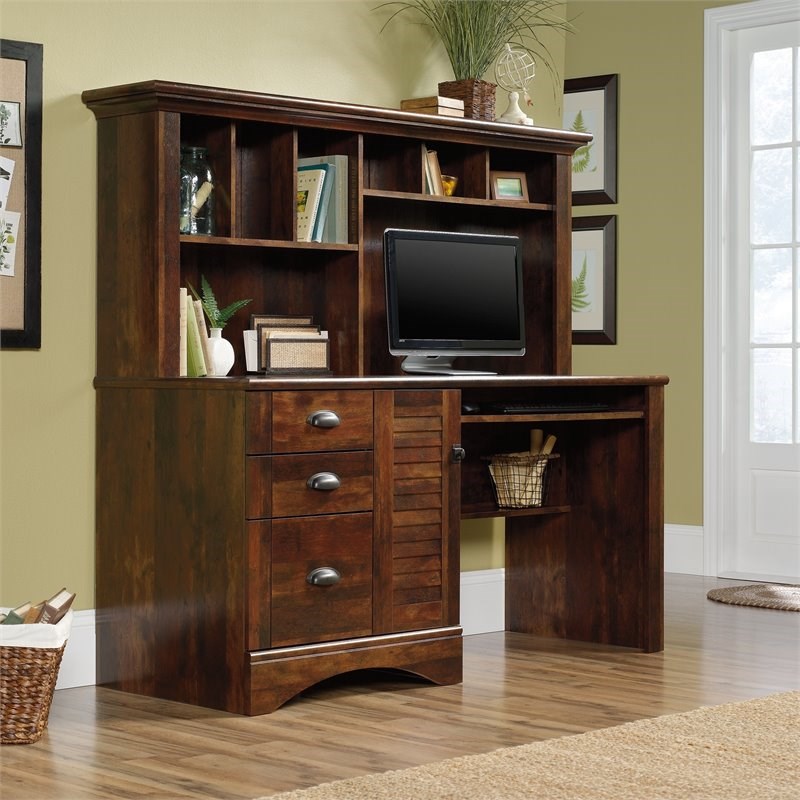 Pemberly Row Traditional Wood Computer Desk with Hutch in Curado Cherry ...