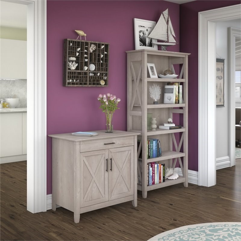 Pemberly Row Storage Cabinet and 5 Shelf Bookcase in Washed Gray