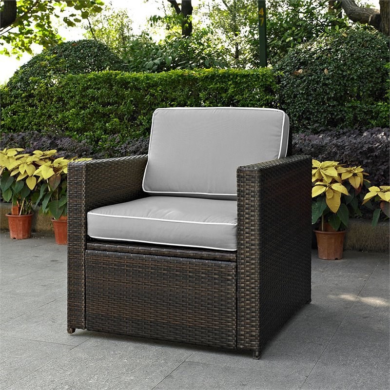 Pemberly Row Wicker Patio Arm Chair with Gray Cushions