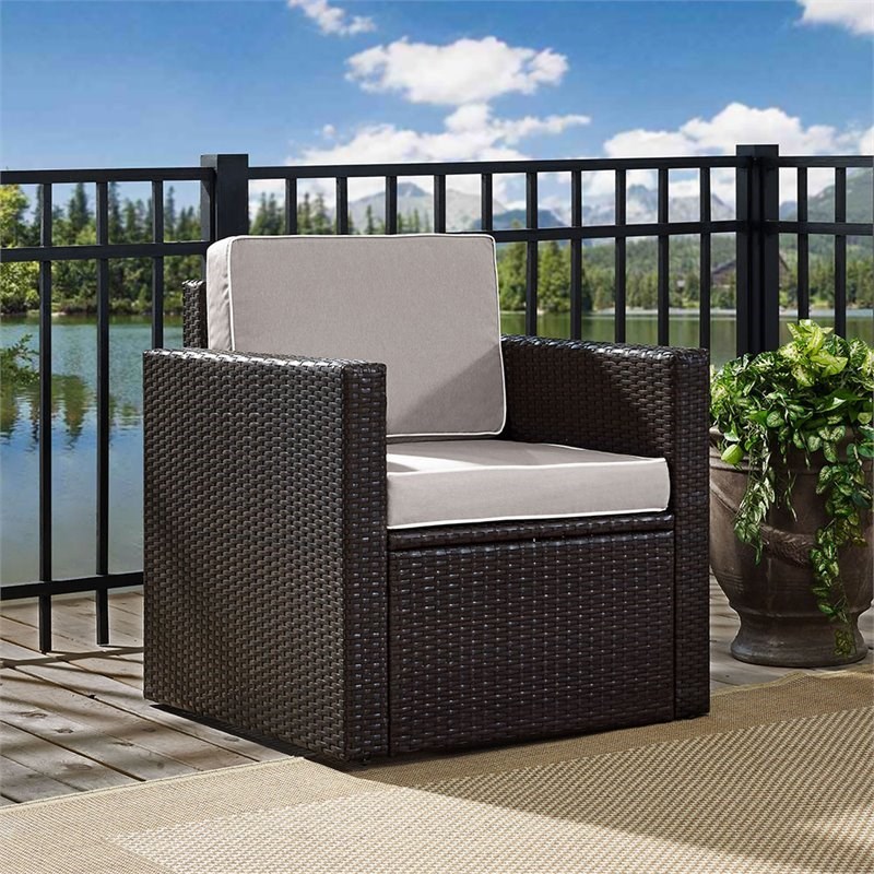 Pemberly Row Wicker Patio Arm Chair with Gray Cushions