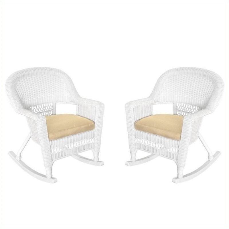 Pemberly Row Rocker Wicker Chair in White with Tan Cushion (Set of 2)