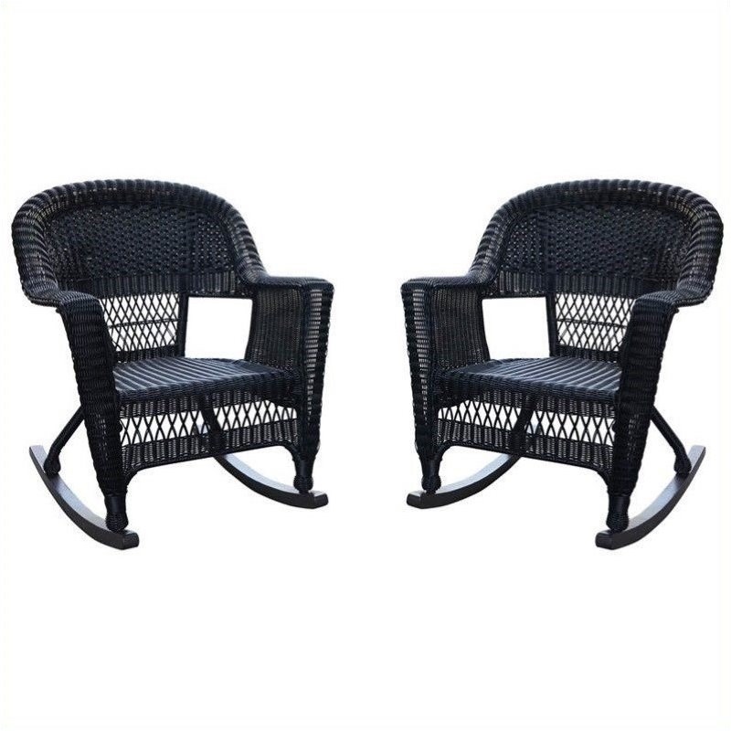 Pemberly Row Wicker Rocker Chair in Black (Set of 2)