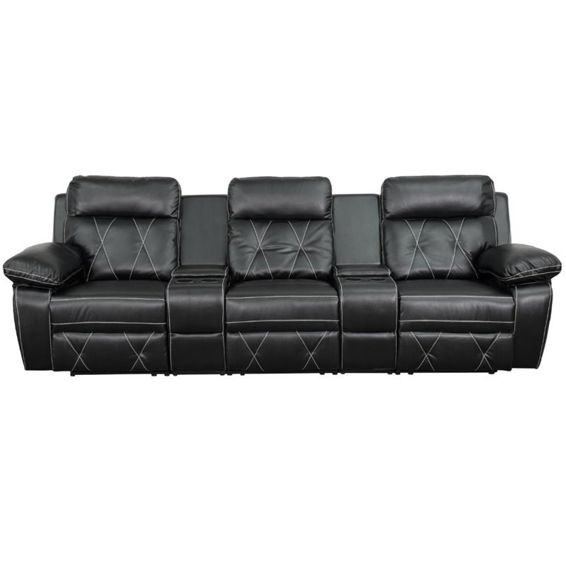 Pemberly Row 3 Seat Leather Reclining Home Theater Seating in Black