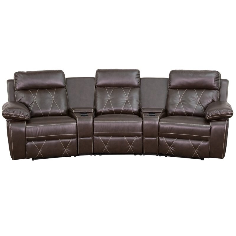 Pemberly Row 3 Seat Leather Reclining Home Theater Seating in Brown