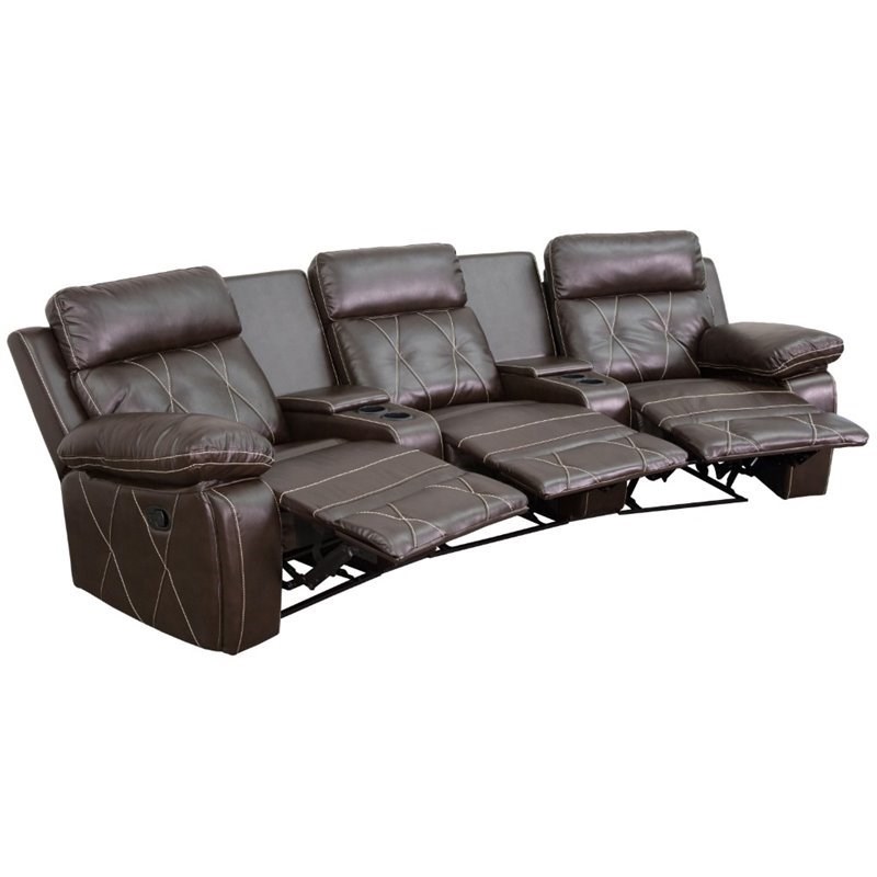 Pemberly Row 3 Seat Leather Reclining Home Theater Seating in Brown