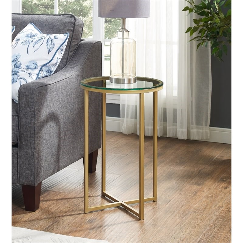 Pemberly Row Round Glass Top End Table in Gold