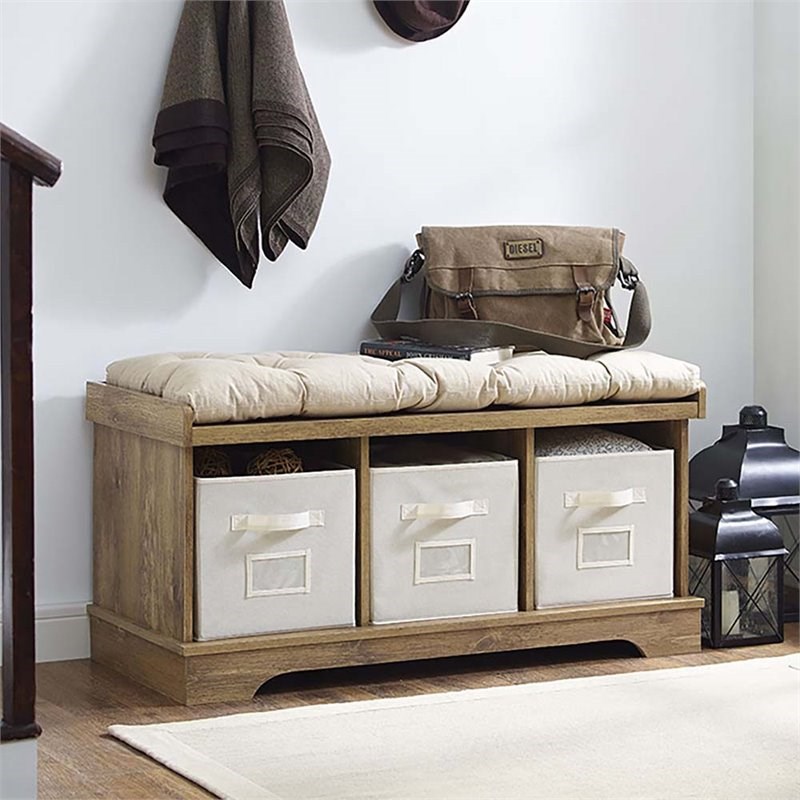 pemberly row 3 cubby cushion storage bench in barnwood with totes pr