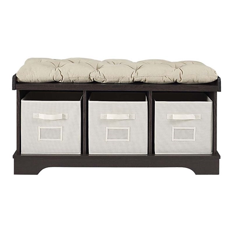 Pemberly Row 3 Cubby Cushion Storage Bench in Espresso with Totes