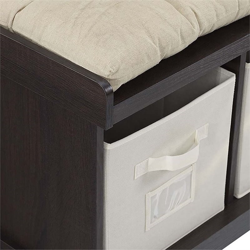 Pemberly Row 3 Cubby Cushion Storage Bench in Espresso with Totes