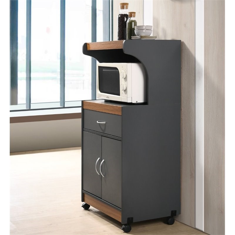 pemberly row microwave kitchen cart in gray oak - pr-1848926