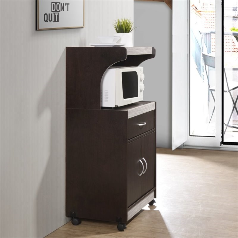 Pemberly Row Microwave Kitchen Cart in Chocolate Gray
