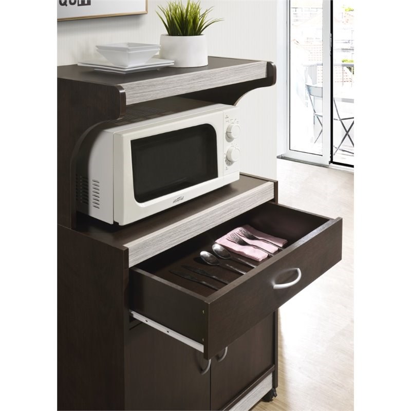Pemberly Row Microwave Kitchen Cart in Chocolate Gray