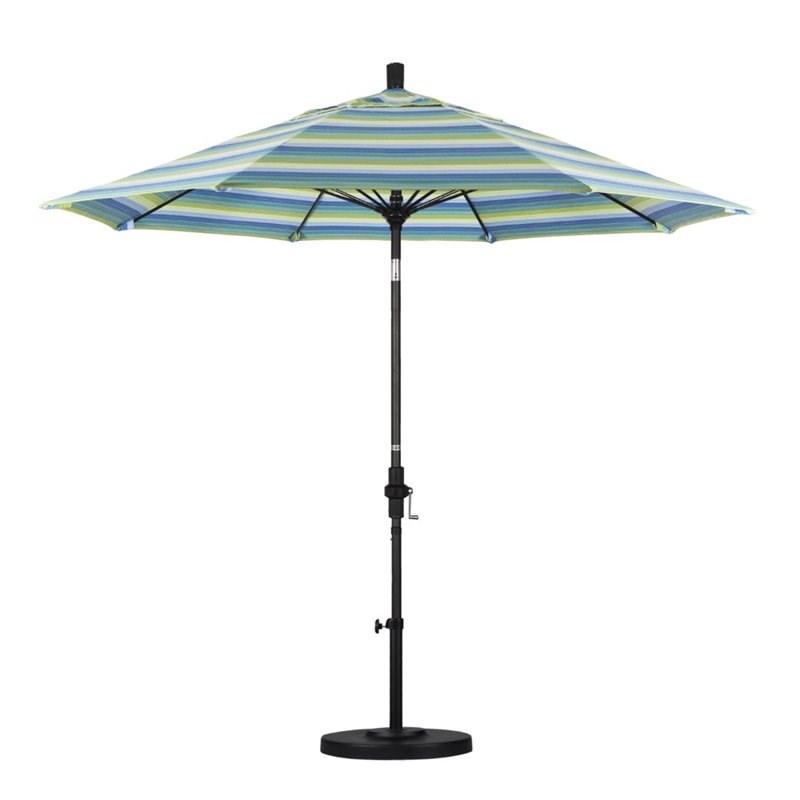 Pemberly Row Skye 9' Black Patio Umbrella in Sunbrella 1A Seville Seaside