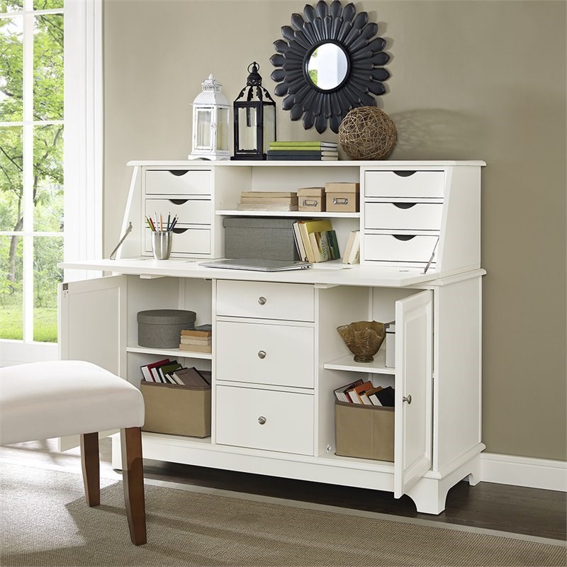 Pemberly Row Fold Down Desktop Home Secretary Desk With Hutch In White Homesquare 1287