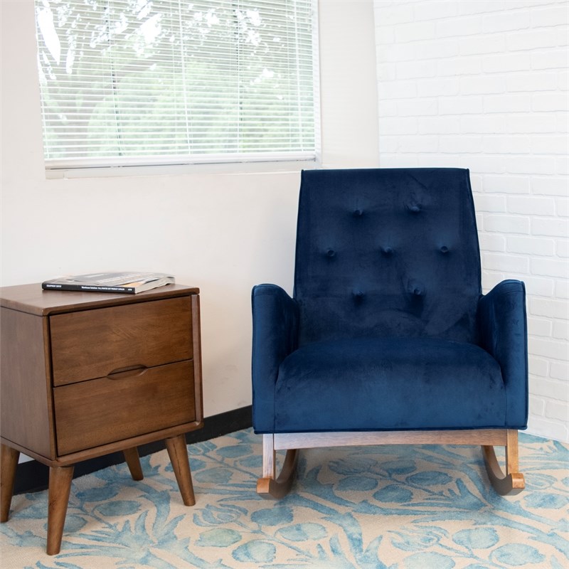 Mid-Century Modern Collin Blue Velvet Rocking Chair