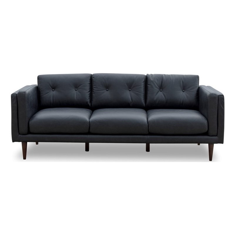Pemberly Row Mid-Century Modern West Black Vintage Genuine Italian Leather Sofa