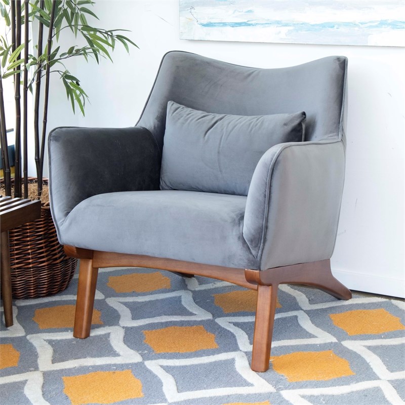 Pemberly Row Mid-Century Modern Gatsby Gray Velvet Lounge Chair